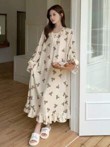 DAZY Bear Pattern Cute Ruffle Trim Loose Nightgown Pajama, Moo Moo, Fall, Winter - Apricot - View 4