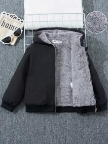 SHEIN Leap Crew 男童休闲连帽外套，舒适保暖内衬，适合上学、日常穿着、生日派对、婚礼、洗礼等场合，返校季必备 - 黑色 - 查看 1