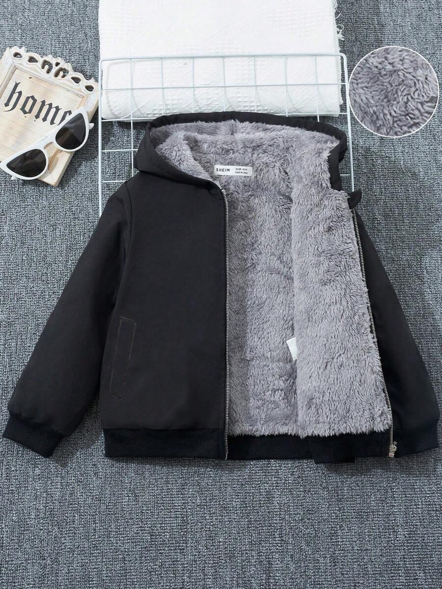 SHEIN Leap Crew 男童休闲连帽外套,舒适保暖内衬,适合上学、日常穿着、生日派对、婚礼、洗礼等场合,返校季必备 - 黑色 - 查看 1