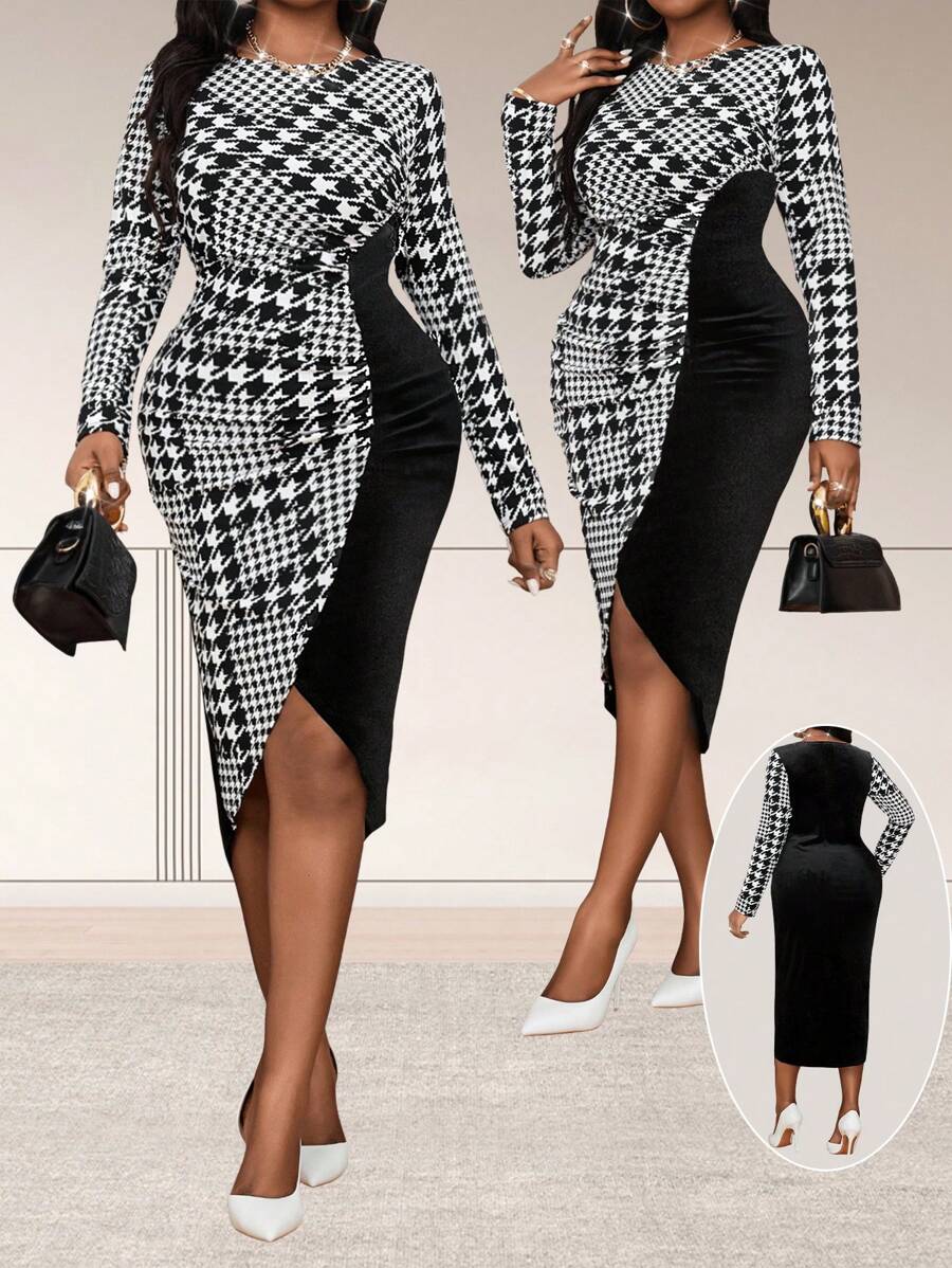 SHEIN Lady 春夏秋冬优雅黑色针织圆领铅笔中长袖大码连衣裙正式职业装女装节日连衣裙 - 黑與白 - 查看 1