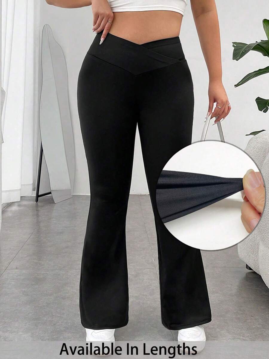 SHEIN Tall CURVE Quần ống loe bó sát lưng cao màu trơn thường ngày cỡ lớn - màu đen - Xem 1