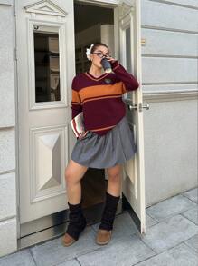 Flirla Áo len dài tay cổ chữ V phối màu tương phản kiểu dáng cổ điển dành cho nữ, thích hợp mặc mùa thu/đông. - Nhiều màu - Xem 5
