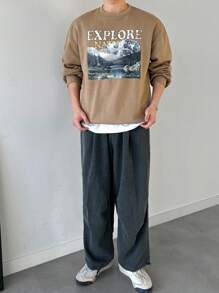DAZY Men's Casual Mountain & Letter Print Drop Shoulder Relaxed Fit Sweatshirt, Spring/Fall - Camel - View 3
