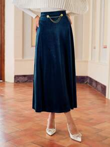 ZEYLAH 天鹅绒链条腰喇叭裙 - 水鴨藍 - 查看 5