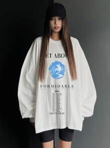 DAZY Locker geschnittenes Rundhals-Grafik-T-Shirt für Frauen, Langarm-Damenblusen für den Herbst