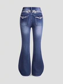 SHEIN Explorewe Teenager (Girls) New Rhinestone Embroidered Stretch Flared Distressed Denim Jeans - Dark Wash - View 2