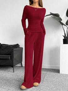 SHEIN EZwear Conjunto de body de mujer de punto color rojo navideño