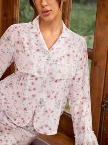 Oxana Conjunto de pijama de mujer diseñador de top de manga larga con encaje de flores blancas y pantalones, para vacaciones, primavera y verano, salir
