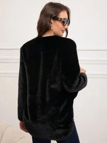 Eilly Bazar Women's Solid Color Long Sleeve Open Front Fluffy Casual Jacket, Winter - Black - View 2