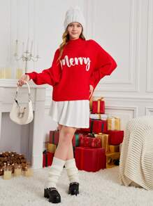 SHEIN Teen Girl Christmas Slogan High Neck Loose Casual Warm Versatile Red Pullover Sweater Autumn Winter Clothes For Girl - Red - View 6