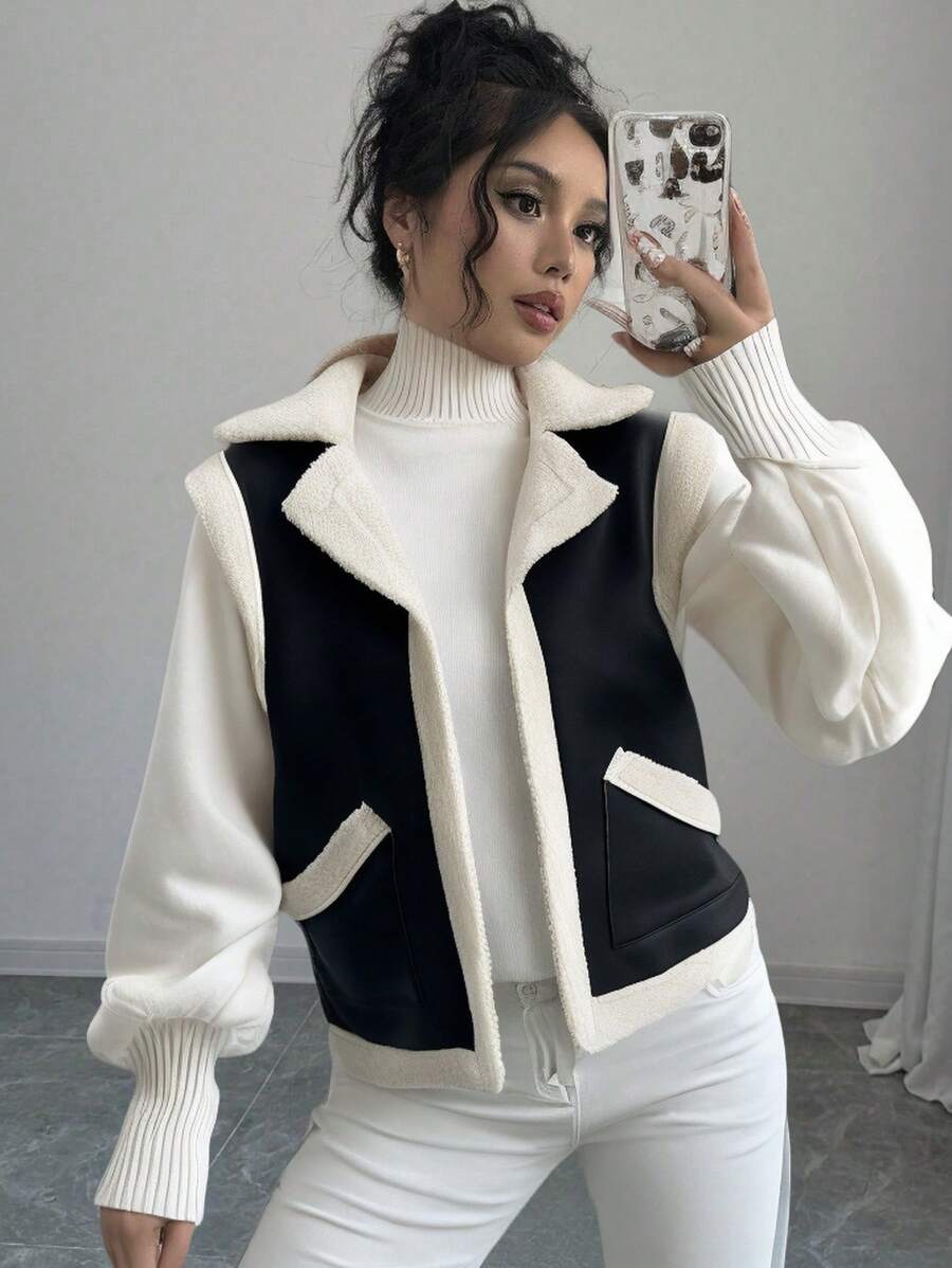 Firerie Elegant & Fashionable Versatile Black Warm Sherpa Fleece Sleeveless PU Vest, Autumn/Winter,Fall And Winter,Casual,Black And White,PU, - Black - View 1