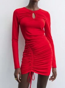 Maija Women's Early Spring Hollow Out Solid Color Ruched Drawstring Slim Fit Long Sleeve Mini Dress, Suitable For Holidays And Party Occasions - Red - View 2