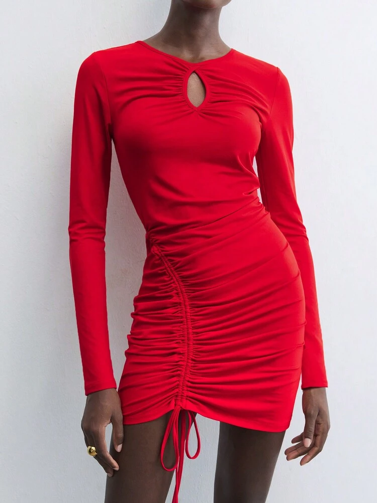 SHEIN Maija Women's Early Spring Hollow Out Solid Color Ruched Drawstring Slim Fit Long Sleeve Mini Dress, Suitable For Holidays And Party Occasions