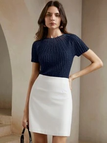 Anewsta 1pc Women's Blue Elegant Short Sleeve Rhinestone Shimmer Sheer Knit Top/T-Shirt