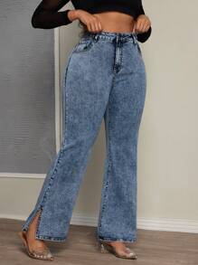 SHEIN SXY Vaqueros azules de cintura alta y elástica para mujer talla grande con dobladillo dividido, pantalones largos versátiles