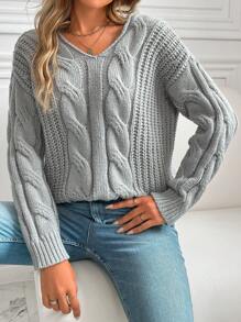SHEIN LUNE Áo len cổ chữ V dệt kim màu trơn, kiểu dáng thường ngày, thích hợp cho mùa thu/đông, áo len chui đầu mùa thu. - Xám - Xem 6