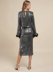 Amorya 女士时尚派对圆领毛绒亮片上衣和黑色开衩百搭短裙套装圣诞女装冬季两件套冬季女装冬季套装圣诞女装两件套女装 - 黑色 - 查看 9