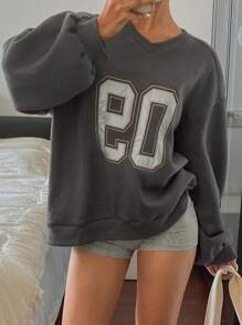 DAZY Áo nỉ dày lót nhiệt cổ chữ V màu tương phản cho nữ, quần áo mùa thu - Xám - Xem 2