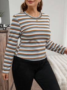 SHEIN LUNE Áo thun dài tay cổ tròn kẻ sọc nhiều màu sắc cỡ lớn, ôm dáng, thích hợp mặc hàng ngày trong dịp lễ hội Halloween. - màu nâu - Xem 3