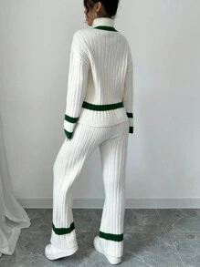 Chiquease 2pcs Set: Contrast Color Splicing Turtleneck Long Sleeve Sweater And Casual Pants, Simple Style Fall Cloth For Women - Multicolor - View 2