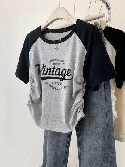 INAWLY 新款修身拼色褶皱插肩袖短袖 T 恤女式图案 T 恤女式上衣