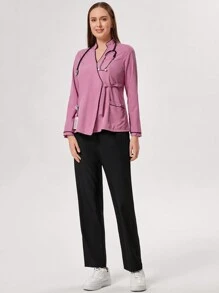 TaskEZ Contrast Trim Long Sleeve Top And Pants Scrub Uniform Set - Pink - View 4