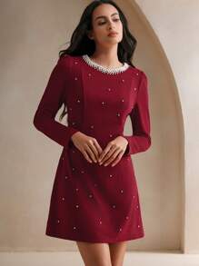 Anewsta Rhinestone & Pearl Decor Women Round Neck Long Sleeve Waisted Slimming Elegant Dress, Suitable For Autumn/Winter/Christmas Burgundy Color Women Outfit - Burgundy - View 5