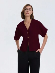 Women's Solid Front Button Casual Drop Shoulder Knit Sweater,Short Sleeve Tops - Burgundy - View 6
