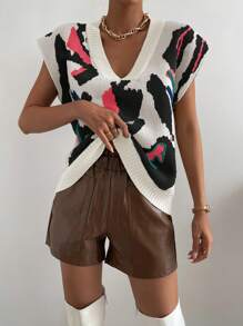 Chiquease Áo len dệt kim cổ chữ V họa tiết đơn giản cho nữ cỡ lớn - Nhiều màu - Xem 5