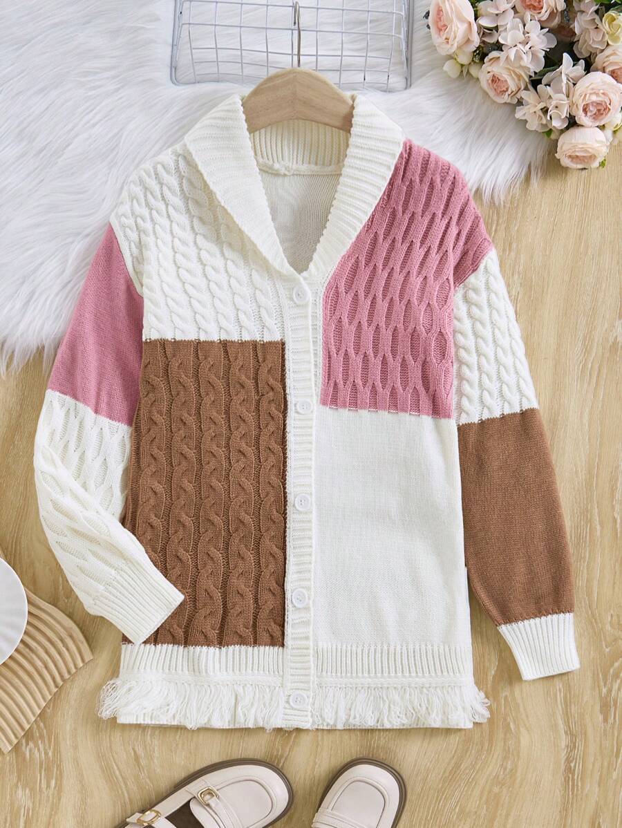Áo khoác cardigan dáng rộng đơn hàng ngày họa tiết khối màu tay dài cho bé gái tuổi mới lớn, ấm áp khi mặc vào mùa thu/đông, đặc biệt thích hợp cho các buổi đi chơi - Hồng - Xem 1