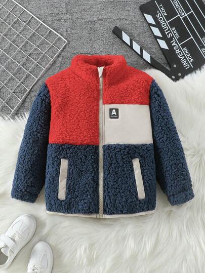 SHEIN Young Boy Solid Color Patchwork Zip-Up Long Sleeve Pocket Casual Jacket, Toddler Boy Jacket, Kids Zipper Jackets, Boys Winter Jacket, Fleece Jacket Kids, Color Block Jacket
