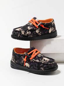 新品万圣节骷髅涂鸦休闲帆布运动鞋，秋冬款 - 黑色 - 查看 2