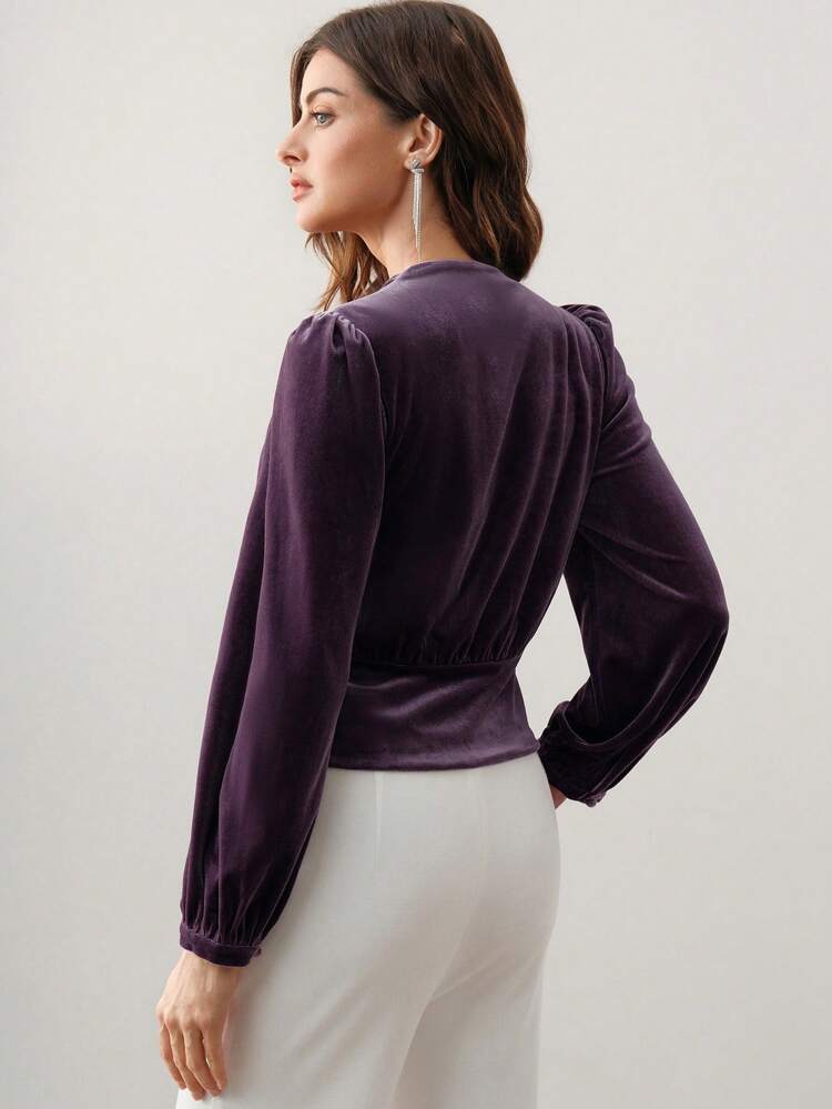 Christmas French V-Neck Puffy Sleeve Velvet Waist Trim Fashionable & Elegant Blouse, Autumn