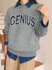 DAZY 女士字母印花落肩长袖宽松休闲毛衣，秋冬 - 灰色 - 查看 9