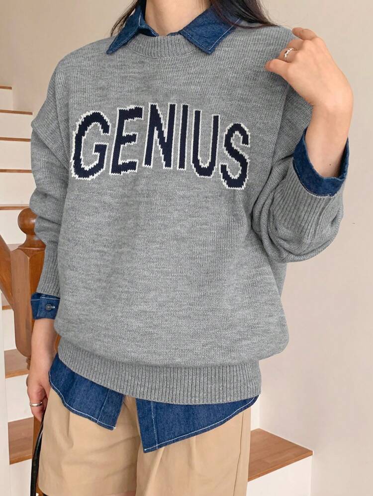 Women's Letter Print Dropped Shoulder Long Sleeve Loose Casual Sweater, Autumn/Winter