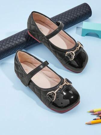 Children Soft Bottom Square Toe Flat Shoes, Black/Apricot Color Metal Buckle, Versatile New Style Toddlers Girls Spring/Summer/Autumn