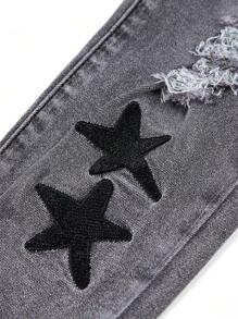 SHEIN Explorewe Young Boy New Light Grey Star Embroidery Versatile Jeans,Holiday,Summer,Travel - Light Grey - View 4