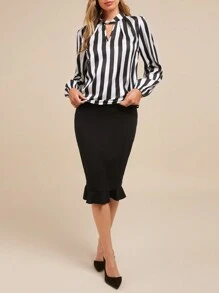 SHEIN Clasi 2pcs Set: Striped Cutout Waist Bodycon Ruffle Hem Skirt For Women - Multicolor - View 6