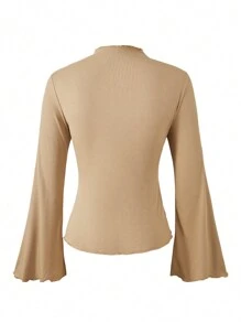 Teen Girl Solid Color Lace Trim Fitted Flare Sleeve Long Sleeve T-Shirt