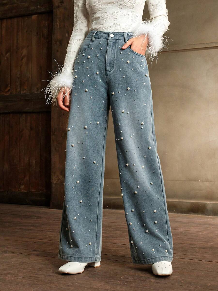 Anewsta 圣诞时尚优雅通勤珍珠牛仔裤 - 淺色水洗藍 - 查看 1