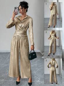 Chiquease Set de 2 piezas que incluye blusa casual y elegante con cuello, manga larga y diseño de cintura cruzada, talla grande pantalones de pierna ancha, para el otoño y fiestas de Año Nuevo