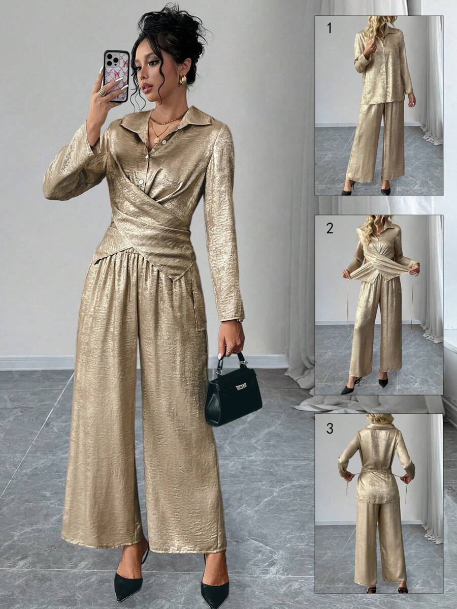Chiquease Set de 2 piezas que incluye blusa casual y elegante con cuello, manga larga y diseño de cintura cruzada, talla grande pantalones de pierna ancha, para el otoño y fiestas de Año Nuevo