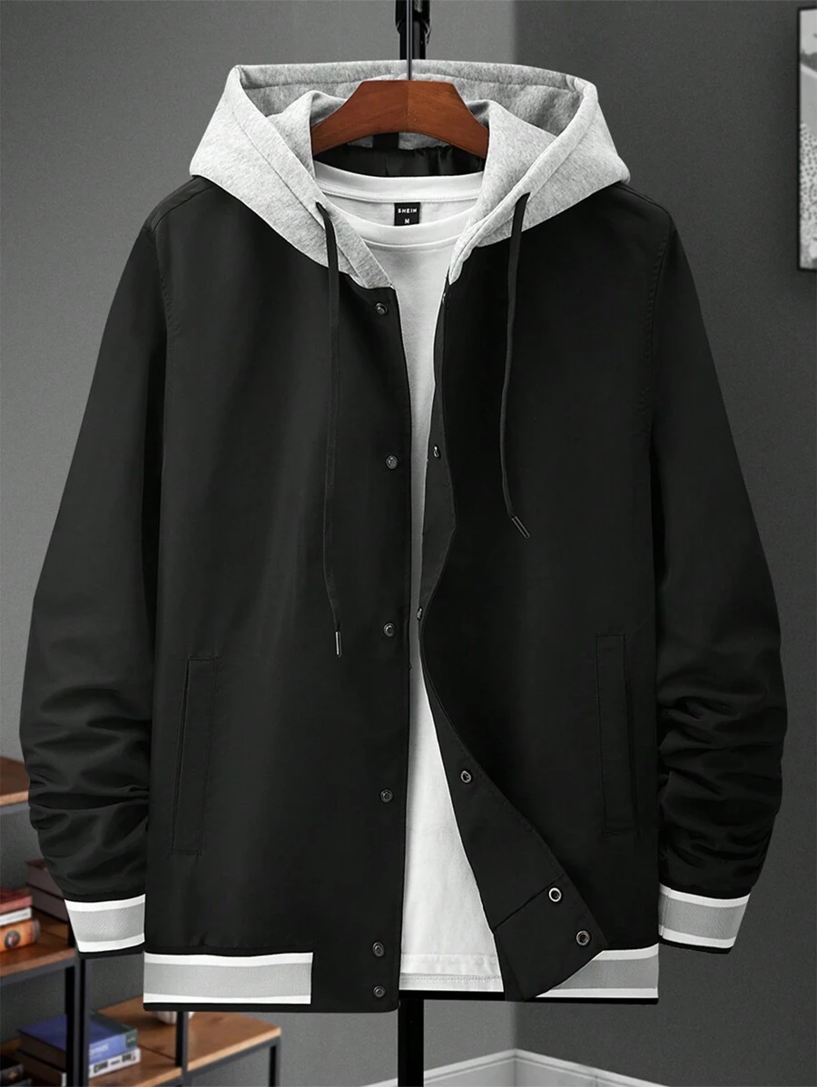 Manfinity Homme Áo khoác trùm đầu màu sắc thường ngày thu/đông cho nam - màu đen - Xem 1