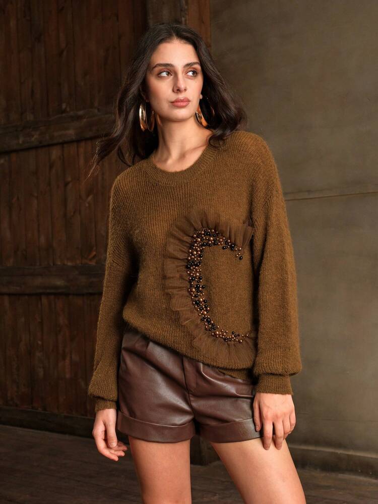 Net Mesh & Pearl Splice Premium Crew Neck Pullover Sweater, Autumn/Winter Knit Pullover Fall