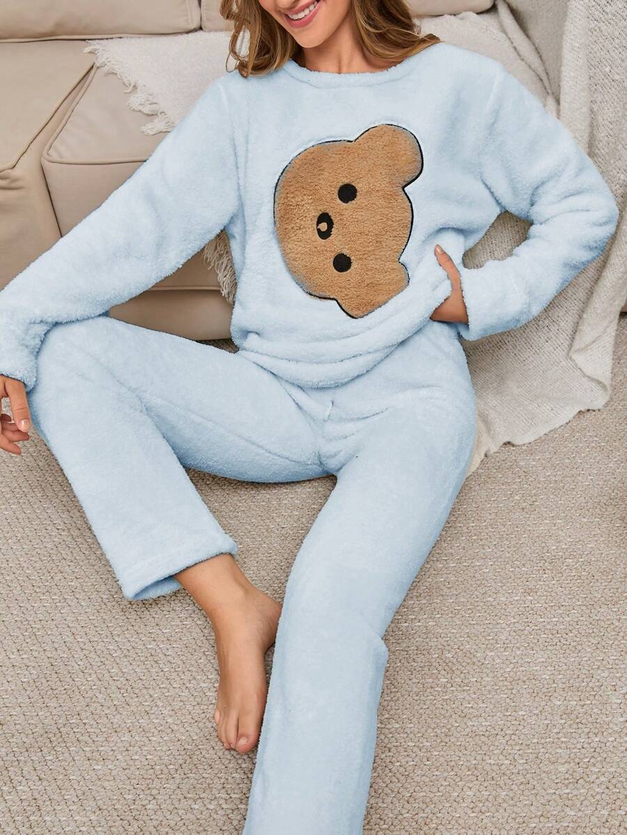 RueChic 2Pcs Pelush Animal Embroidery Detail PJ Set - Baby Blue - View 1