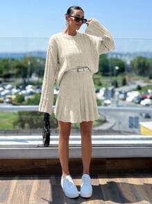 EURMUSE Pleated Skirt And Rib Pattern Sweater 2 Pcs Set - Beige - View 3