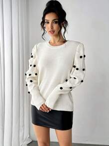 Chiquease Elegant Solid Color Round Neck Puffy Sleeve Sweater, Autumn/Winter