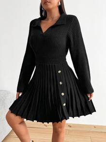 Calvaya Vestido de suéter de punto con cuello alto, manga larga, fruncido y apertura lateral para mujer de talla grande, ideal para otoño e invierno - Negro - Ver 3