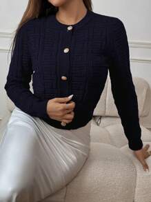 SHEIN PETITE Women Solid Color Front Button Casual Cardigan, Long Sleeve Fall Winter Cloth For Women - Navy Blue - View 6