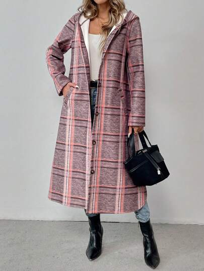 SHEIN LUNE Chaqueta con capucha de manga larga con botones delanteros, bolsillo y estampado a cuadros, para uso casual diario y abrigo térmico de otoño para mujeres